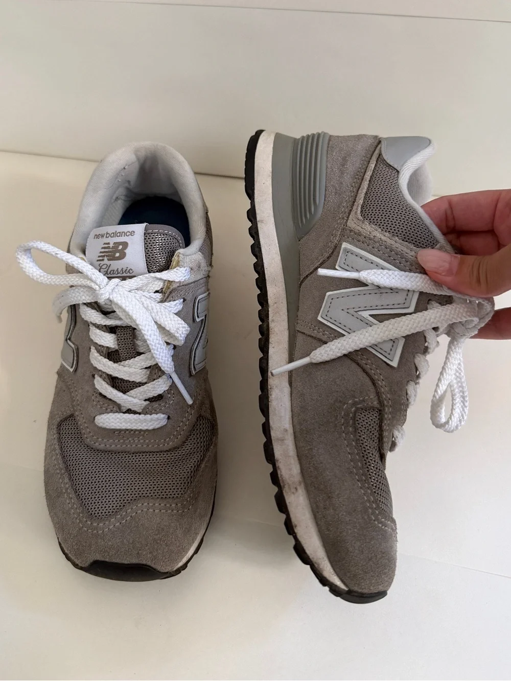 New Balance Women’s 574 Grey and White Lace-Up Sneakers